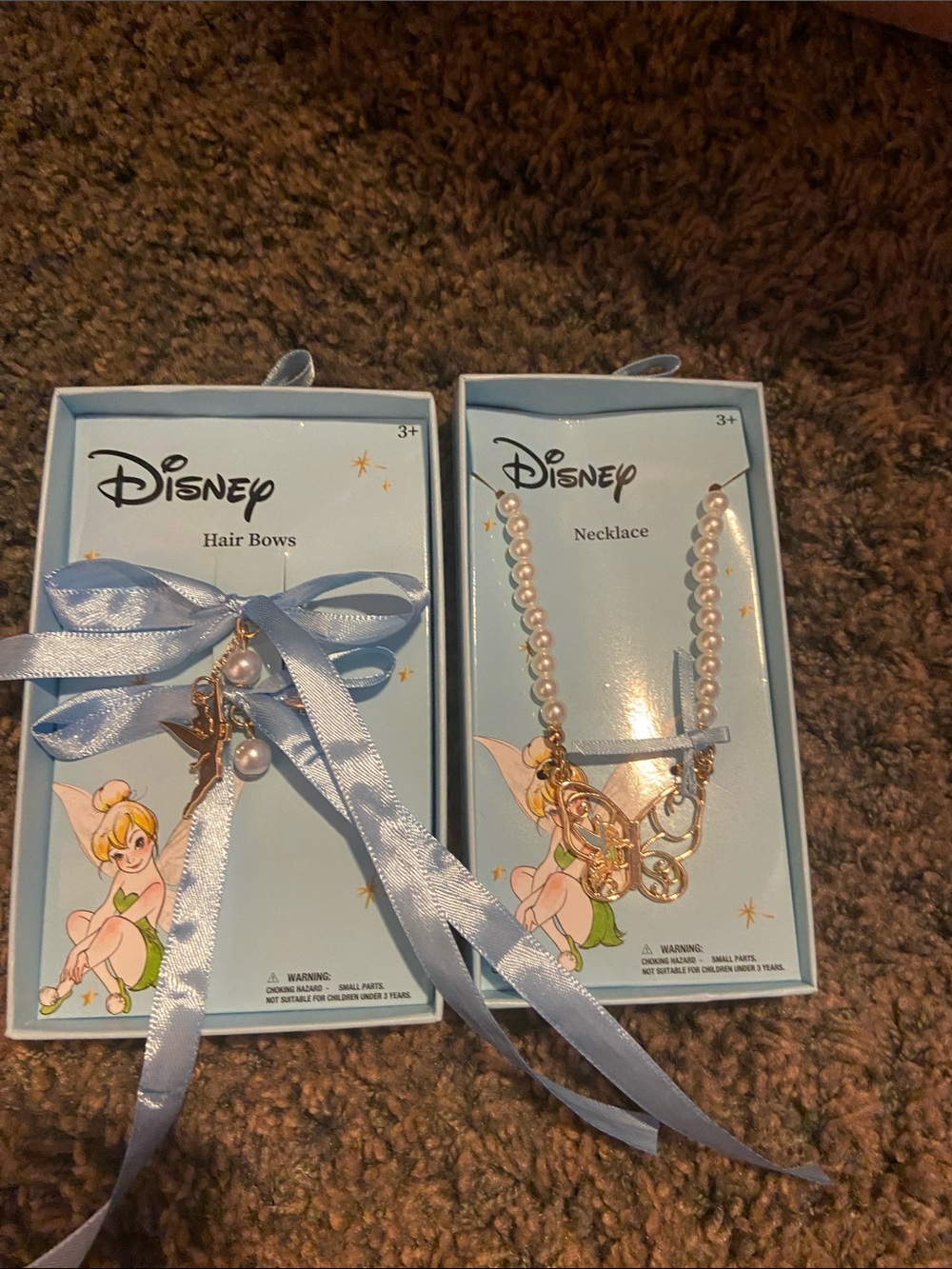 Disney Light Blue Ribbon Hair Bows & Pearl Necklace Set with Tinker Bell Charms